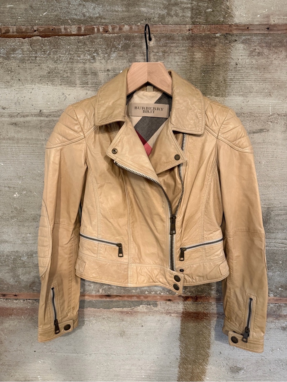 Burberry Beige Leather Moto Jacket with Zip Details